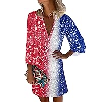 4th of July Womens Dresses Patriotic Dress for Women Sexy Casual Vintage Print with 3/4 Length Sleeve Deep V Neck Independence Day Dresses Vermilion Large