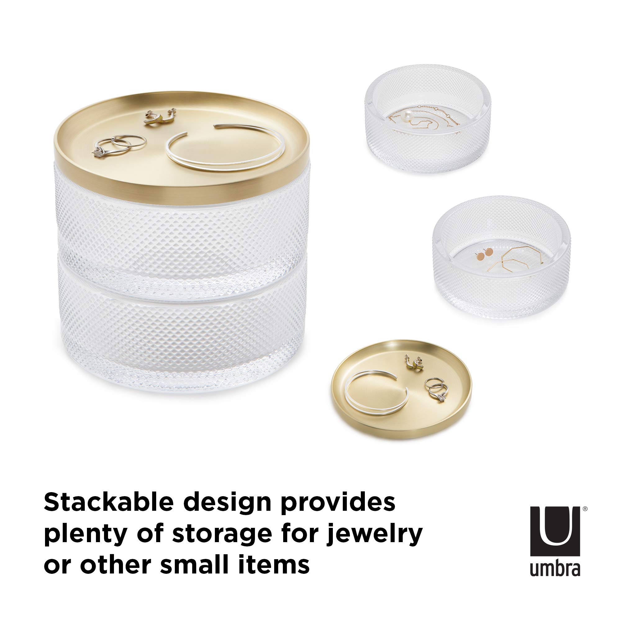 Umbra Tesora Jewelry Organizer, Two-Tier Storage Box with Removable Lid, Glass/Brass, Clear, Gold