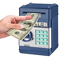 Cartoon Electronic ATM Password Piggy Bank Cash Coin Can Auto Scroll Paper Money Saving Box Gift for Kids (Navy Blue)