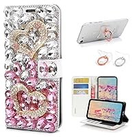 STENES Bling Wallet Phone Case Compatible with Samsung Galaxy S24 Ultra 5G Case - Stylish - 3D Handmade Crystal Heart Magnetic Wallet Leather Cover with Ring Stand Holder [2 Pack] - Pink