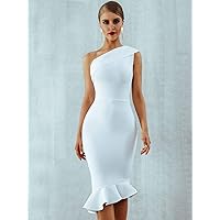 Women's Dress Dresses for Women Zip Back One Shoulder Fishtail Hem Bandage Dress (Color : White, Size : Small)