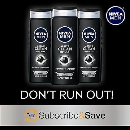 Nivea Men DEEP Active Clean Charcoal Body Wash, Cleansing Body Wash with Natural Charcoal, 3 Pack of 16.9 Fl Oz Bottles