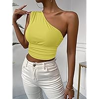 Women's Tops One Shoulder Rib-Knit Top Sexy Tops for Women (Color : Yellow, Size : XX-Small)