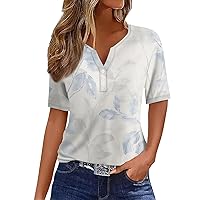 Womens Short Sleeve Tops Casual Sequin Printed V-Neck Decorative Button T-Shirt Top