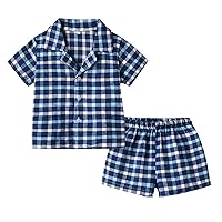 Kids Toddler Baby Girls Spring Summer Plaid Cotton Short Sleeve Sleepwear Pajamas Clothes Robes for Kids Boys