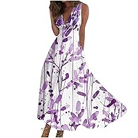 Sleeveless Dress Womens Summer Maxi Trendy V Neck Women's Casual Retraction Printed Fashion Boho Loose Waist Long Dress