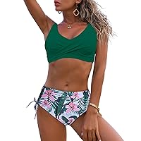 Women Ruched Bikini Twist Front Thin Straps Top Mid Rise Ruched Bottom and Low Waisted Bottom Two Piece Swimsuit