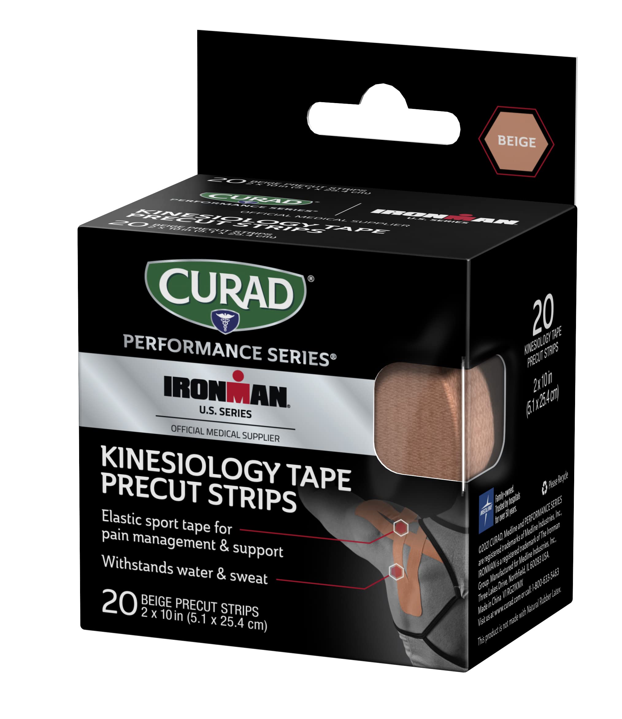 CURAD Performance Series Ironman Kinesiology Tape, Beige, 2 in x 10 in, 1 Roll of 20 Precut Strips