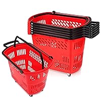 6PCS Large-capacity Shoping Basket With Handles, 35L Durable Plastic Shopping Baskets with Wheels, Portable Grocery Basket For Supermarket Retail Shop Book Store Laundry, Red
