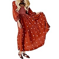 AnotherChill Women's Casual Embroidered Maxi Dress Floral Flowy Square Neck Dresses with Puff Sleeves for Summer 2023