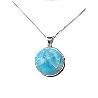 Sterling Silver Natural Larimar Circle Pendant Necklace, 29mm Round, 18