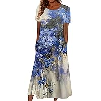 Fall Oversized Home Dress for Women Short Sleeve Modern Patchwork Printed Slim Cotton Round Neck Comfortable Blue L