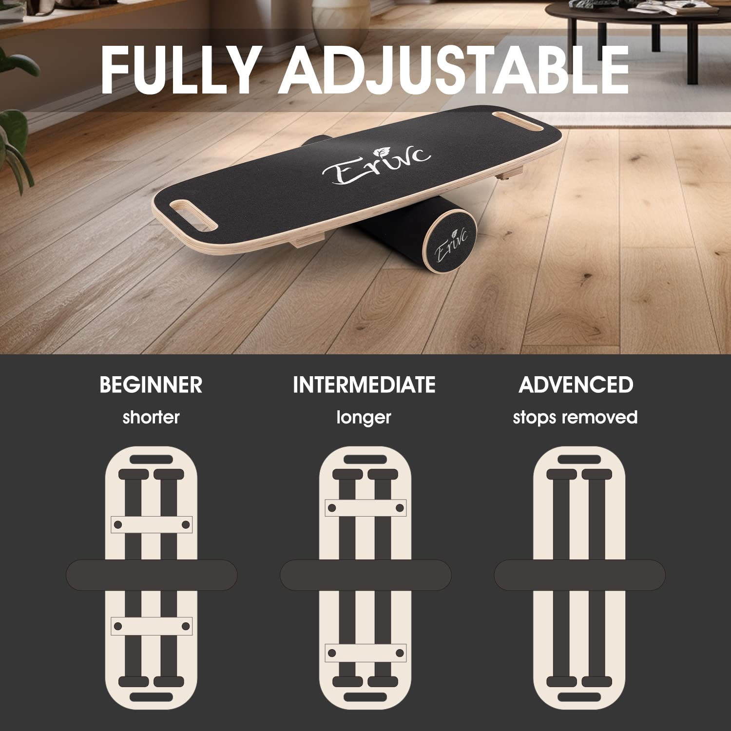 Erivc Premium Portable Surf Balance Board Trainer with Adjustable Stoppers - 3 Different Distance Options for Improve Core Strength and Balance Control