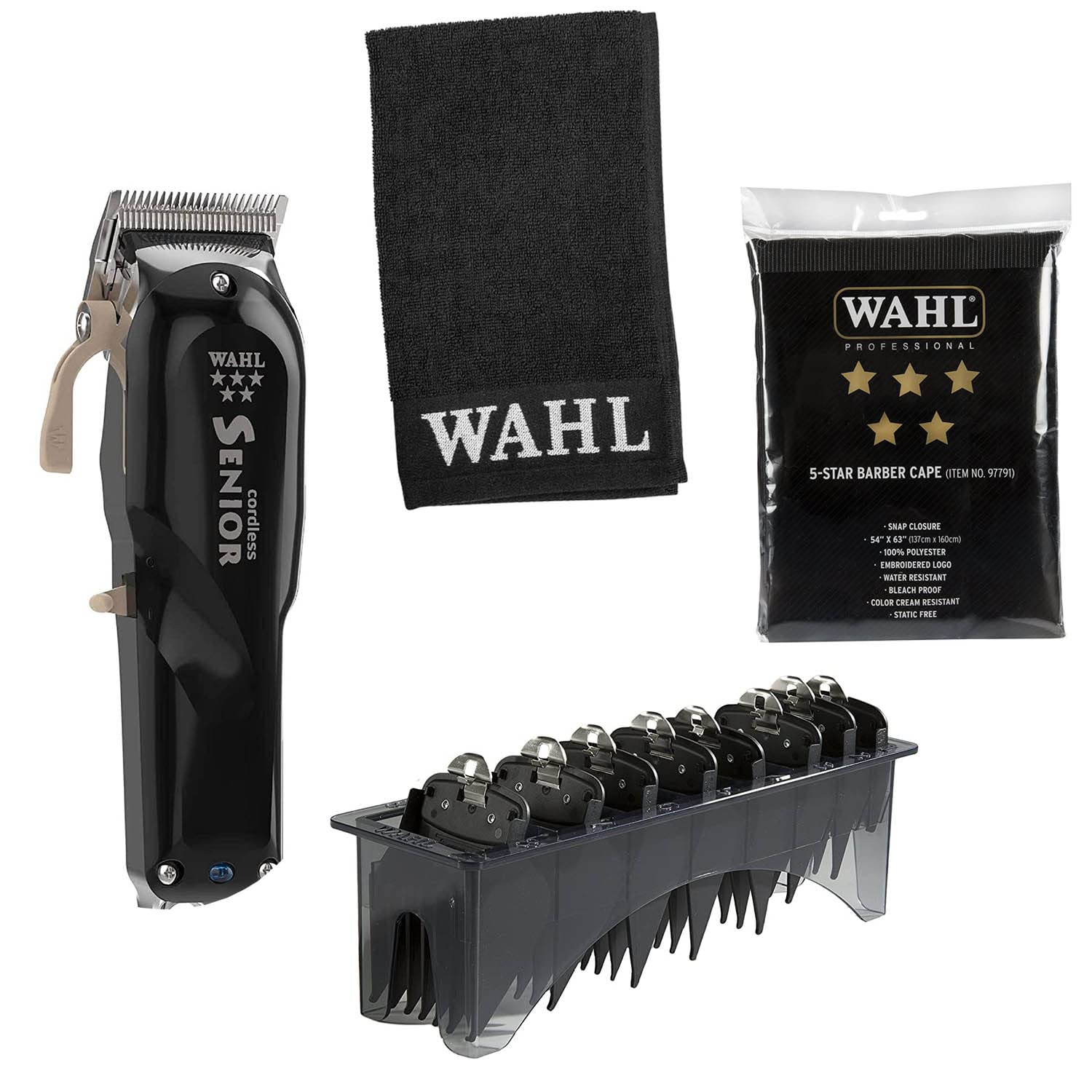 Wahl Professional 5 Star Series Cordless Senior Clipper, 5 Star Series Barber Cape, Black and Silver Barber Towel, & Premium Black Cutting Guides #3171-500 - 1/8