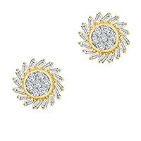 Created Round & Baguette Cut White Diamond 925 Sterling Silver 14K Yellow Gold Over Diamond Cluster Flower Stud Earring for Women's & Girl's