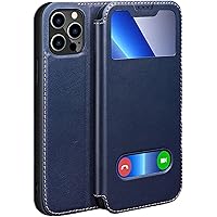 Case for iPhone 13 Pro Max, Clear View Window Genuine Leather Flip Case with Kickstand Magnetic Closure Folio Protective Cover for iPhone 13 Pro Max 6.7 inch (Color : Blue)