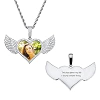 MeMeDIY Personalized Hip Hop Memory Picture Pendant for Men Women Engraving Image/Text/Name/Date Custom Photo Copper Angel Wing & Heart-Shaped & Round Medal with Rope Chain Jewelry Gift