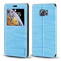 Samsung Galaxy S6 Edge Plus Case, Luxury Wood Grain Leather Case with Card Slot Notification Window Protective Magnetic Flip Cover for Samsung Galaxy S6 Edge Plus (Sky Blue)