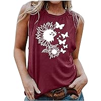 2024 Summer Sleeveless Tank Top for Women Sunflower Butterfly Print Tunic Blouses Trendy Basic Graphic Tees Cotton Blouse