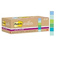 Post-it 100% Recycled Paper Super Sticky Notes, 2X The Sticking Power, 3x3 in, 12 Pads, 70 Sheets/Pad, Oasis Collection (654R-12SST)