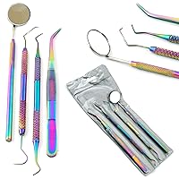 Multi Color Rainbow Dental Hygiene Set - 4pcs Basic Dental Instruments Stainless Steel Dental Tooth Pick, Mouth Mirror, Cotton Plier - Dentists Tools Set is Ideal for Personal Use & Pet Friendly ODM