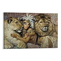 Beautiful Women and Lions and Leopards, Nubian Goddess Princess, Cleopatra, Egyptian Culture, Africa Wall Art Paintings Canvas Wall Decor Home Decor Living Room Decor Aesthetic 24x36inch(60x90cm) Fr