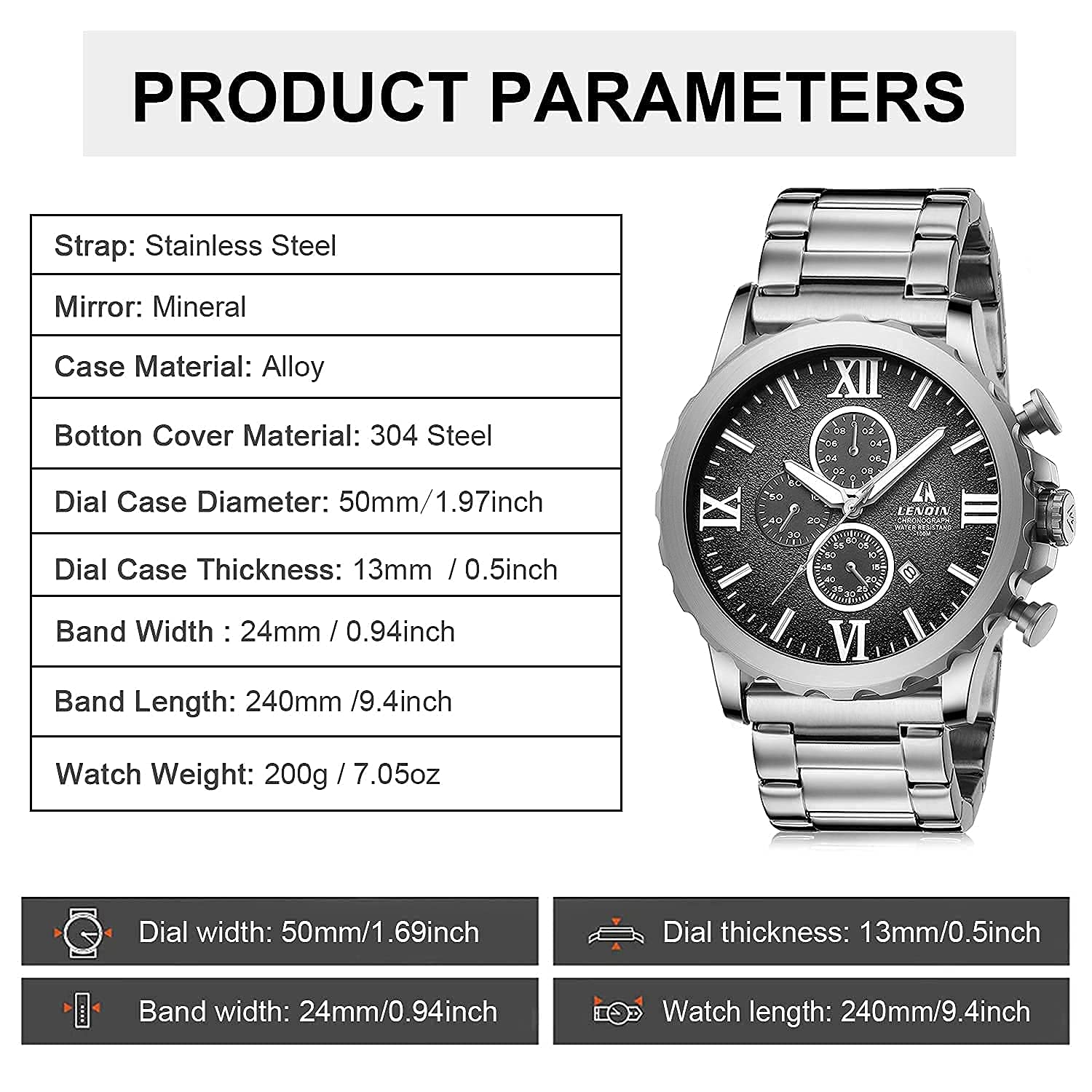 Mens Watches Chronograph Ceramic Waterproof Luminous Date Analog Quartz Luxury Wrist Watches for Men