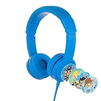 BuddyPhones Explore+, Volume-Limiting Kids Headphones, Built-in Audio Sharing Cable with in-Line Mic, for Kindle, iPad, iPhone, or Android, Cool Blue