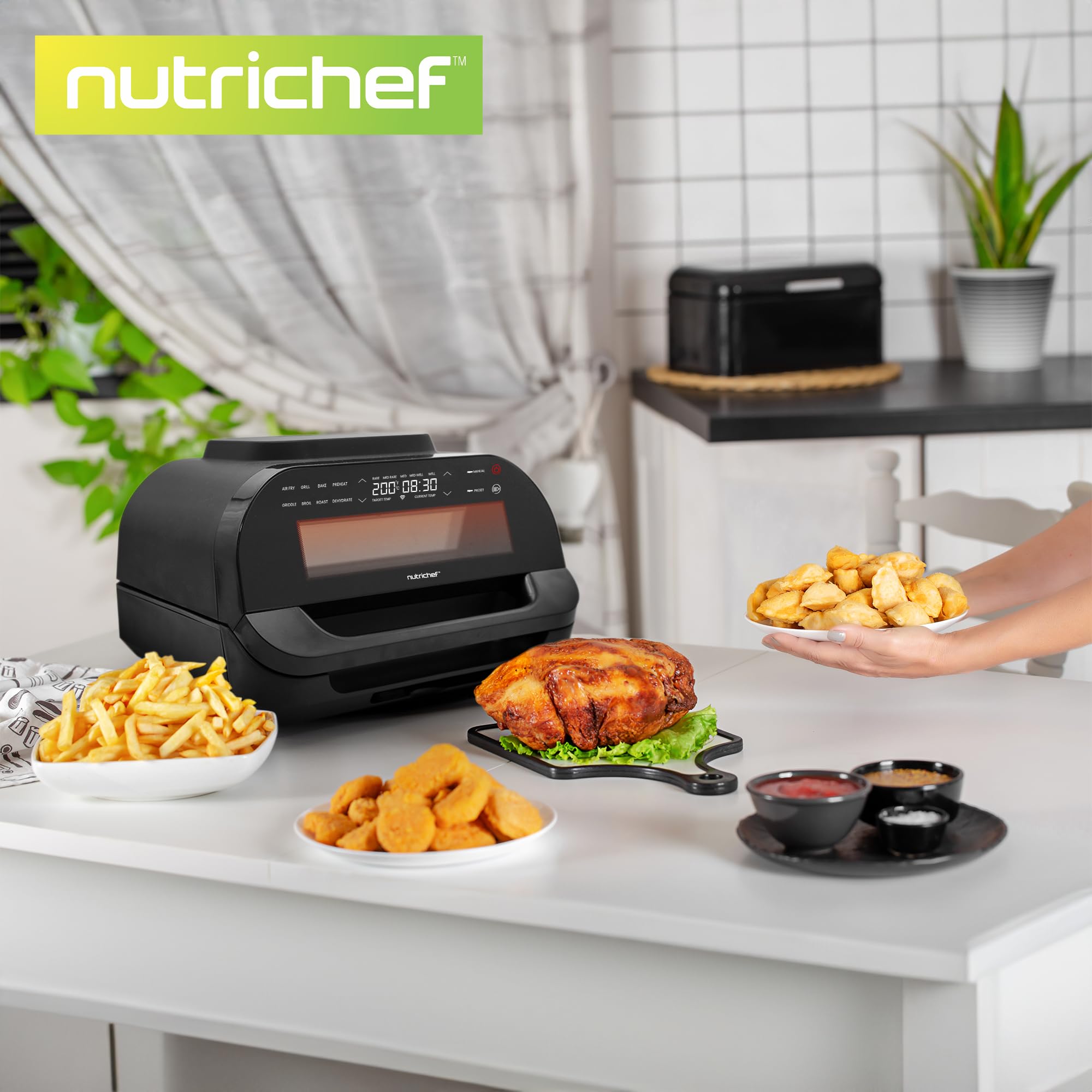 NutriChef Indoor Smokeless Grill | Smart Grill & Air Fryer with 7 Cooking Functions | 6L Capacity | Includes Smart Thermometer | Precise Temperature Control | Non-Stick Removable Grill Plates