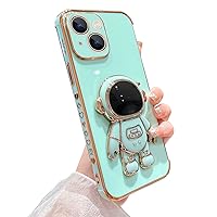 Omio Compatible with iPhone 15 Plus Case with Astronaut Hidden Stand, Luxury Love Heart Plating Case Side Edge Small Love Pattern for Women Girls Cute Kickstand Phone Case Slim Soft TPU Cover Teal