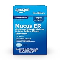 Amazon Basic Care Guaifenesin Cough and Mucus Relief Extended-Release Tablets, 600 mg, 12 Hour Expectorant Caplet 100 Count