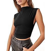 Women Sleeveless Mock Neck Crop Tank Top, Curved Hem Side Ruched Bodycon, Fitted Basic Vest Navel Shirts