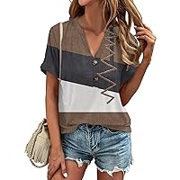 Casual Tops for Women Trendy, Fashion Women's Loose Plain V Neck Button Short Sleeve Graphic Tees, S XXL