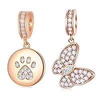 Rose Gold Charm Set Paw Print Charm and Butterfly Charms Pendant in 925 Sterling Silver, Fit Bracelet Necklace, Gift for Girlfriend