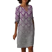 Working Short Sleeve Shift Dress for Womens Modern Holiday Breathable with Buttons Female V Neck Print Cozy Purple L