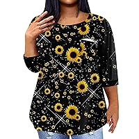 Women's Plus Size Dressy Tops Plus Size Tops for Women Sunflower Print Casual Fashion Trendy Loose Fit with 3/4 Sleeve Round Neck Shirts Black 4X-Large