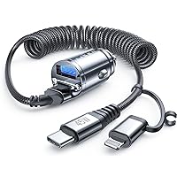 LISEN 90W iPhone 15 Car Charger, 45WPD+QC3.0 Fast Charging Cigarette Lighter USB Charger with 2-IN-1 Type C/Lightning Coiled Cable 5FT, Certified USB C Car Charger for iPhone 15 Pro Max 14/Samsung S23