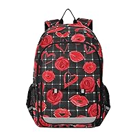 ALAZA Red Lips Hearts Roses Plaid Check Laptop Backpack Purse for Women Men Travel Bag Casual Daypack with Compartment & Multiple Pockets