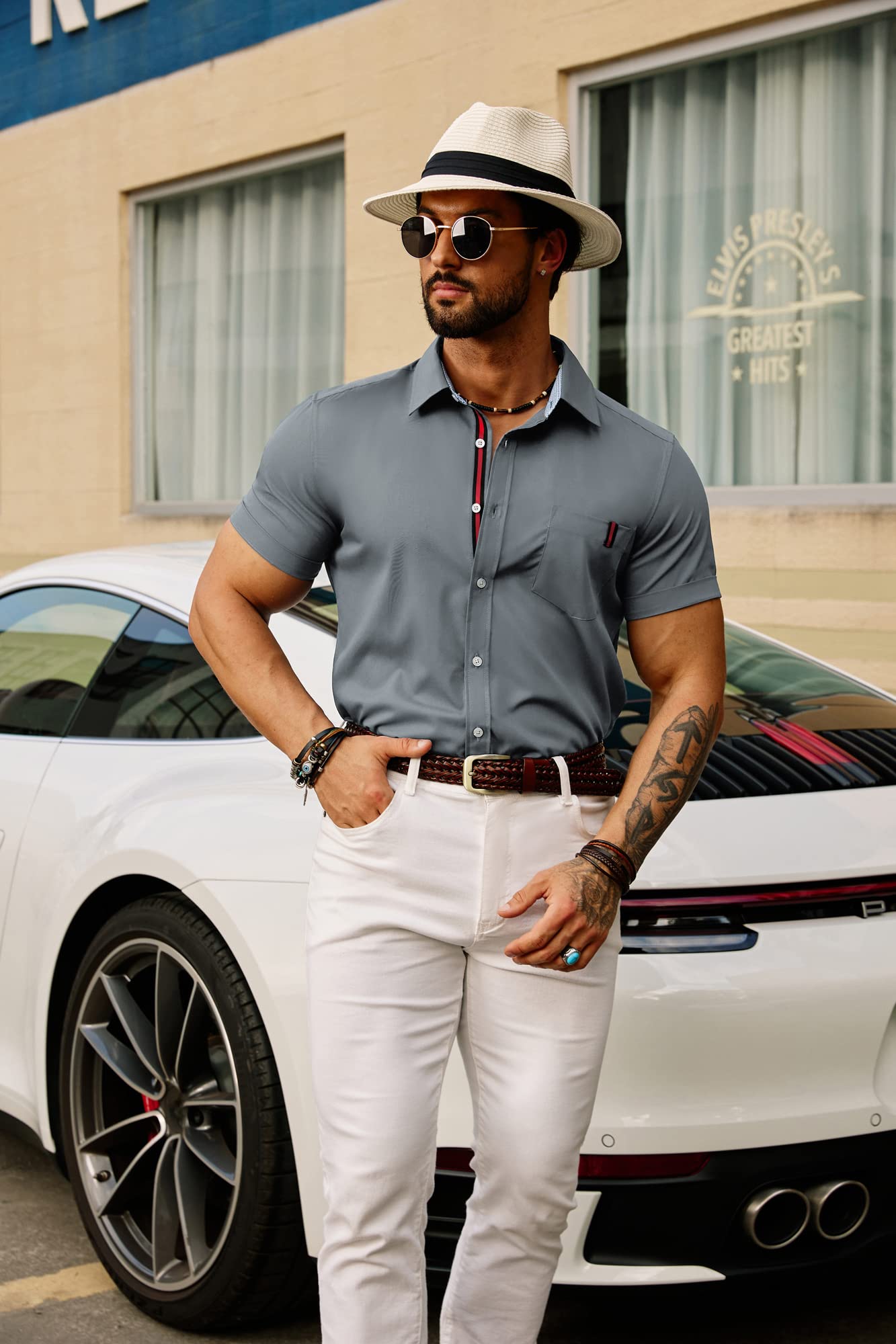 PJ PAUL JONES Men's Casual Dress Shirts Wrinkle-Free Short Sleeve Business Button Down Bamboo Oxford Shirt