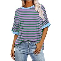 Womens Summer Tops Casual Crewneck Short Sleeve Striped Printed Oversized T Shirts Trendy Pullover T Shirts Blouses