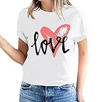 2024 Women Love Heart Print T Shirt Valentines Day Funny Love Letter Short Sleeve Tee Shirt Casual Crewneck Tops