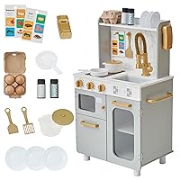 Teamson Kids Little Chef Memphis Small Wooden Play Kitchen with Interactive, Realistic Features, and 16 Kitchen Accessories - for 3yrs and up, Pretend Play House, Restaurant - Gray/Gold/Faux Marble