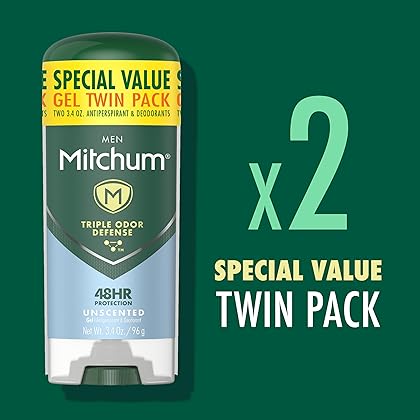 Mitchum Men's Deodorant, Antiperspirant, Triple Odor Defense Gel Stick, 48 Hr Protection, Dermatologist Tested, Alcohol Free, Unscented, 3.4 Oz (Pack of 2)