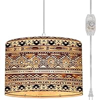 Plug in Pendant Light Mayan american indian pattern tribal ethnic motifs geometric seamless Hanging Lamp with Plug in Cord 16.4 ft Fabric Shade Dimmable Hanging Light for Living Room Kitchen Bedroom