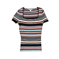 Striped Square-Neck Short-Sleeve Sweater, Henna Tattoo, XX Large