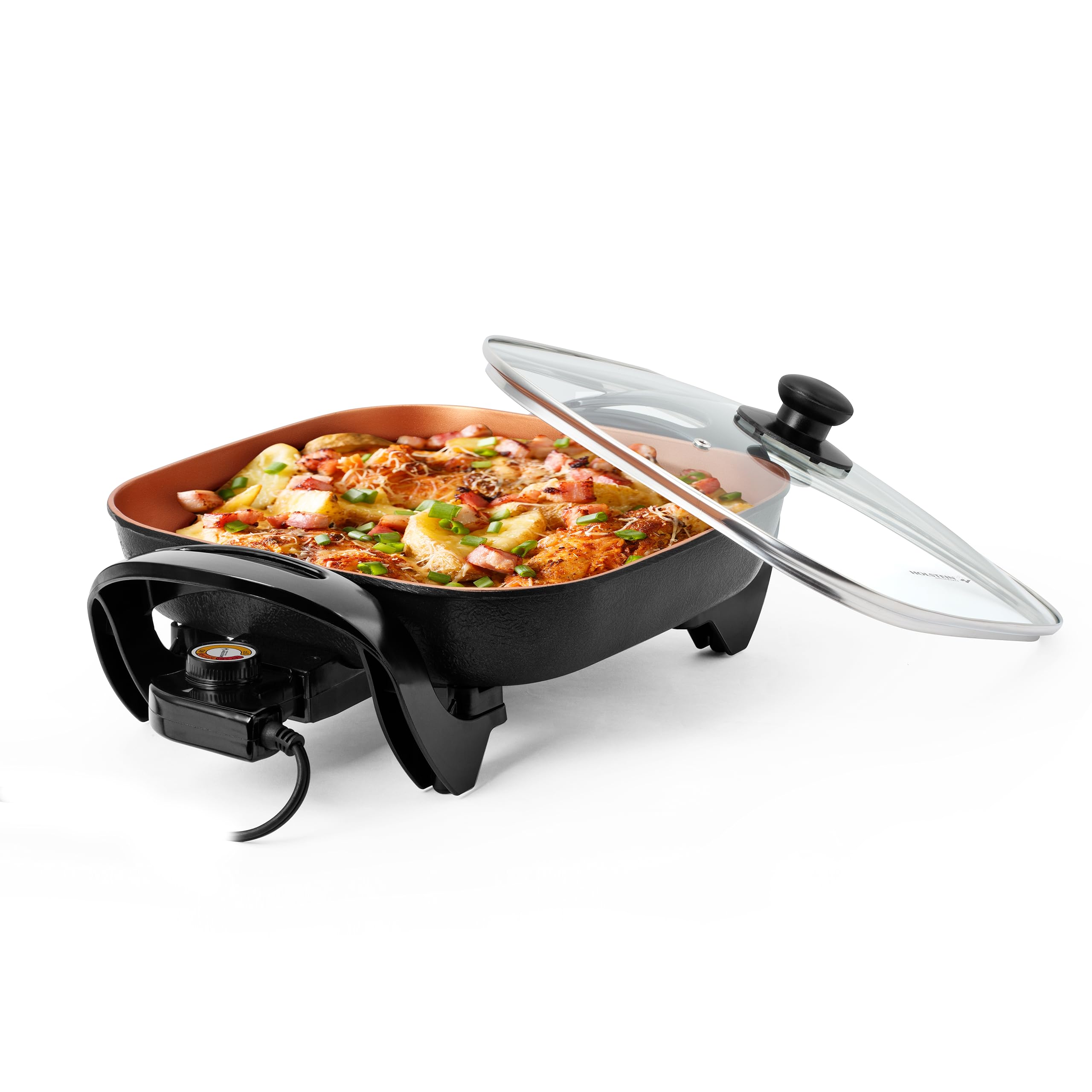 Holstein Housewares 12-Inch Electric Skillet and Frying Pan with Glass Lid, Non-Stick Coating, Temperature Control with Removable Heating Probe, Copper and Black Color