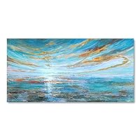 Turquoise and Gold Abstract Seascape Wall Art Handmade Modern Textured Oil Painting on Canvas for Home Office Decoration