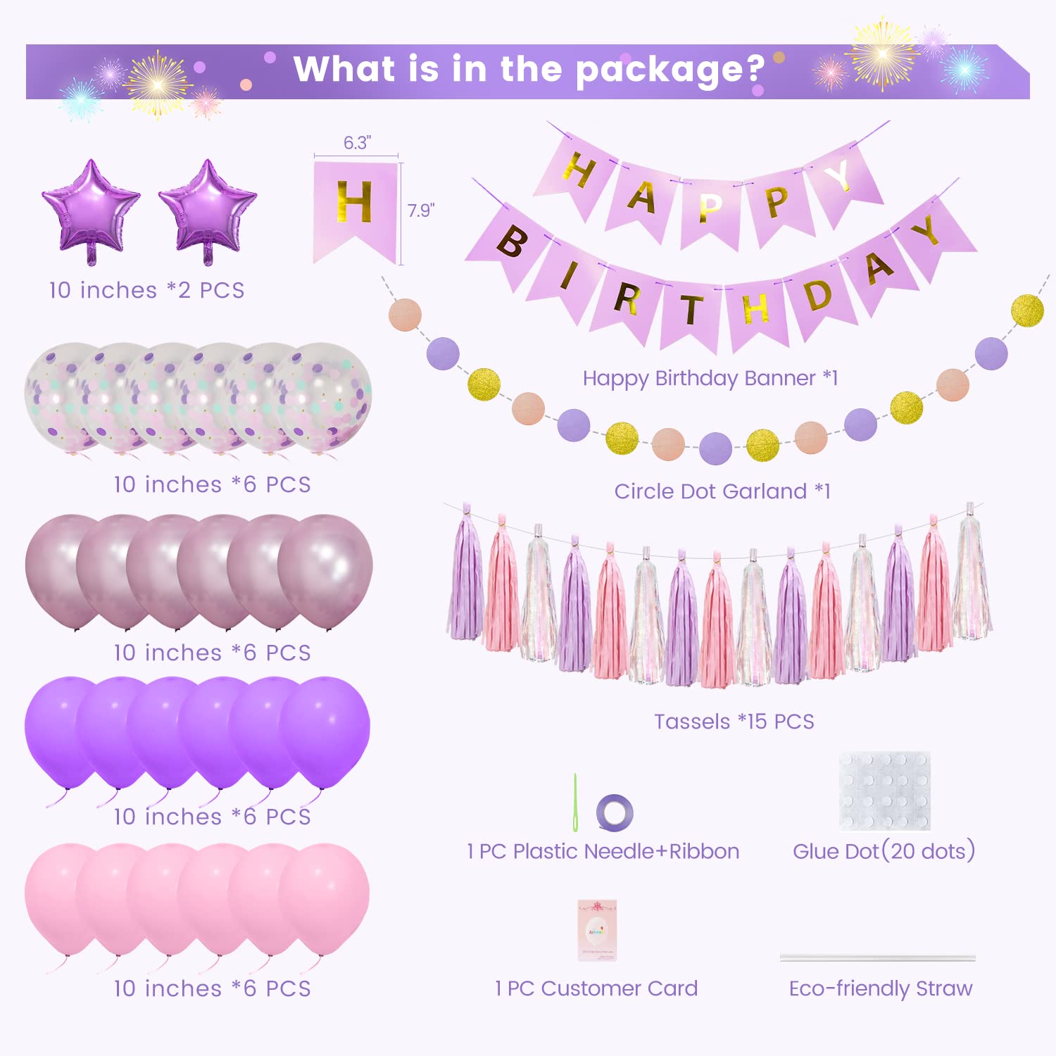 Purple Birthday Decorations for Women Girls,Pink and Purple Party Decorations set with Happy Birthday Banner,Circle Dots Garland,Foil Confetti Balloons and Tassel Garland.