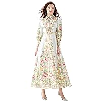 Women's Floral Print Belt Maxi Dress Flowy Casual Button Up Split Long Dress