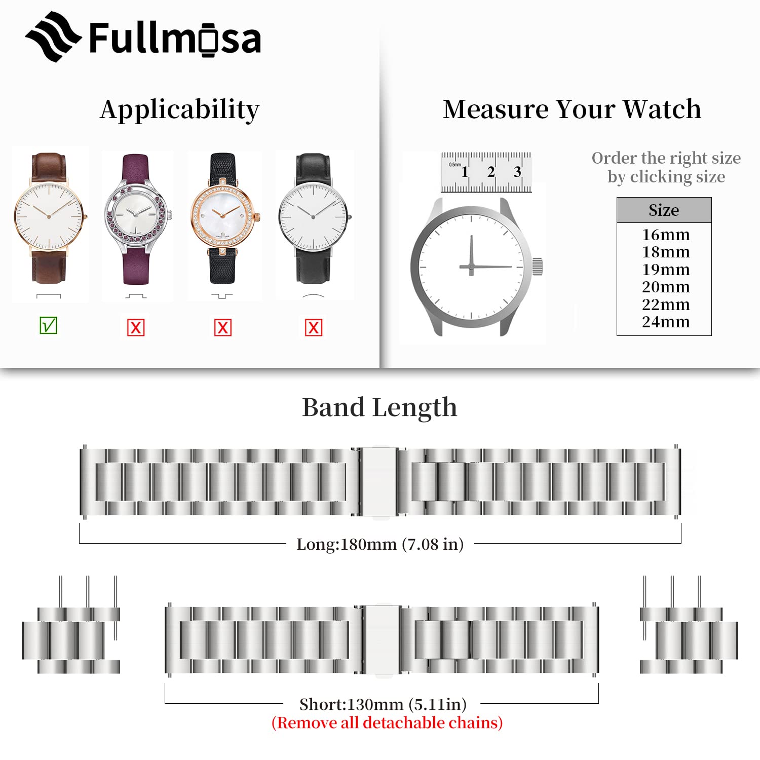 Fullmosa 18mm Stainless Steel Watch band, Quick Release Watch strap Compatible with Garmin Vivoactive 4S/Vivomove 3S/Active S/Venu 2S/Move 3S, Huawei Watch 1st, Silver